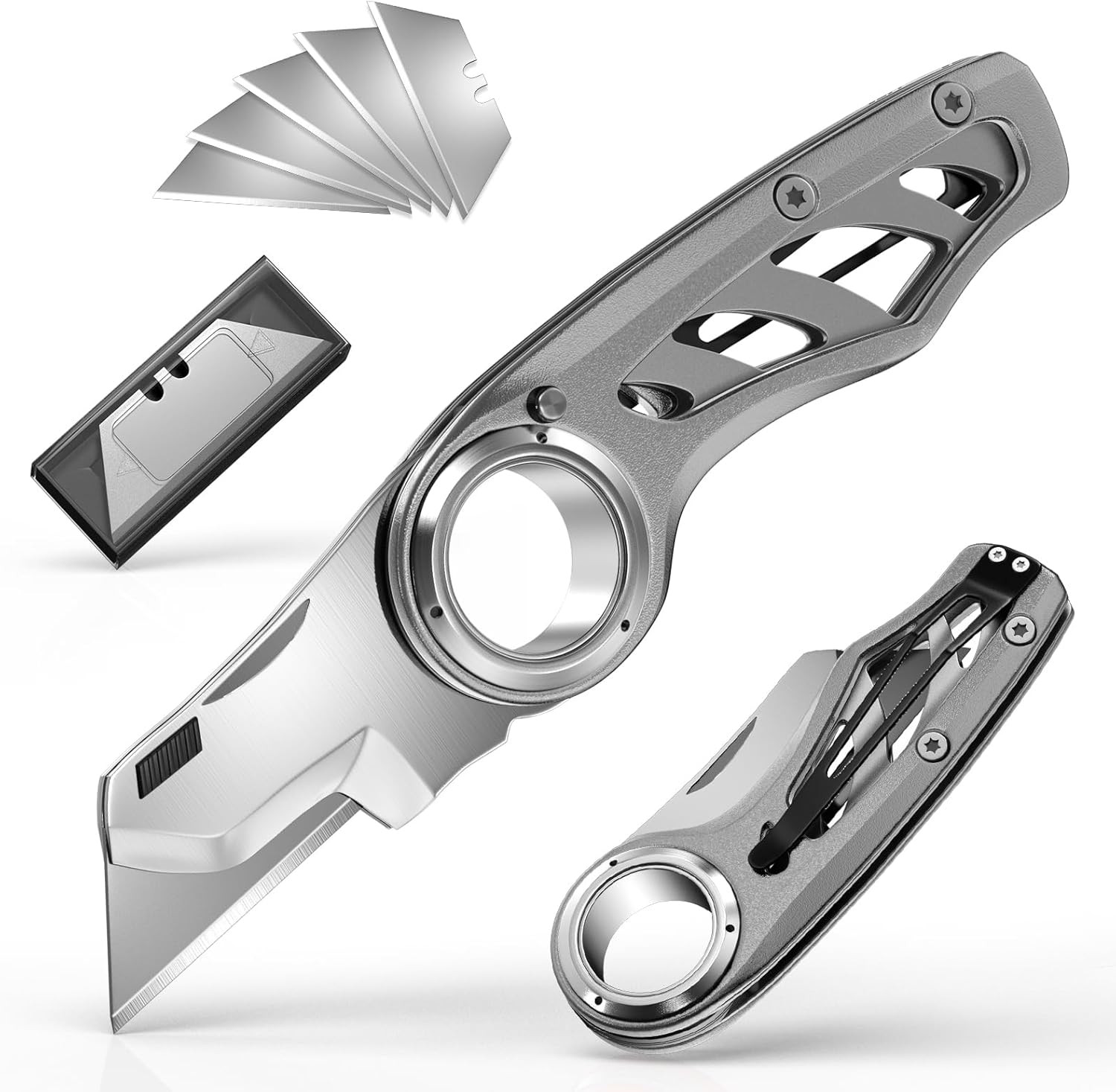 Folding Utility Knife Pocket Knife, Heavy-Duty Box Cutter with anti Slip Finger