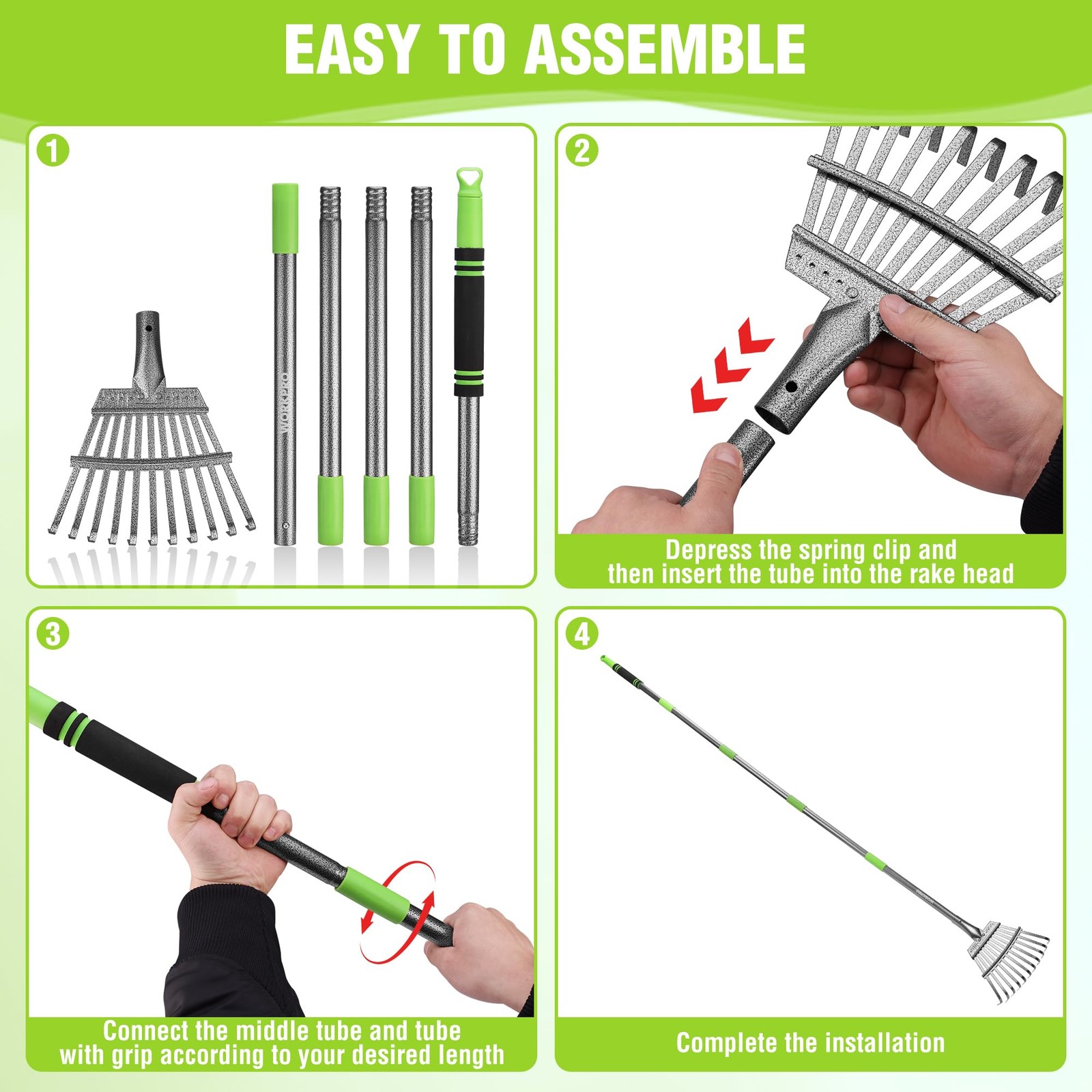 WORKPRO Rake, Small Rake for Leaves with 72” Adjustable Long Green & Black