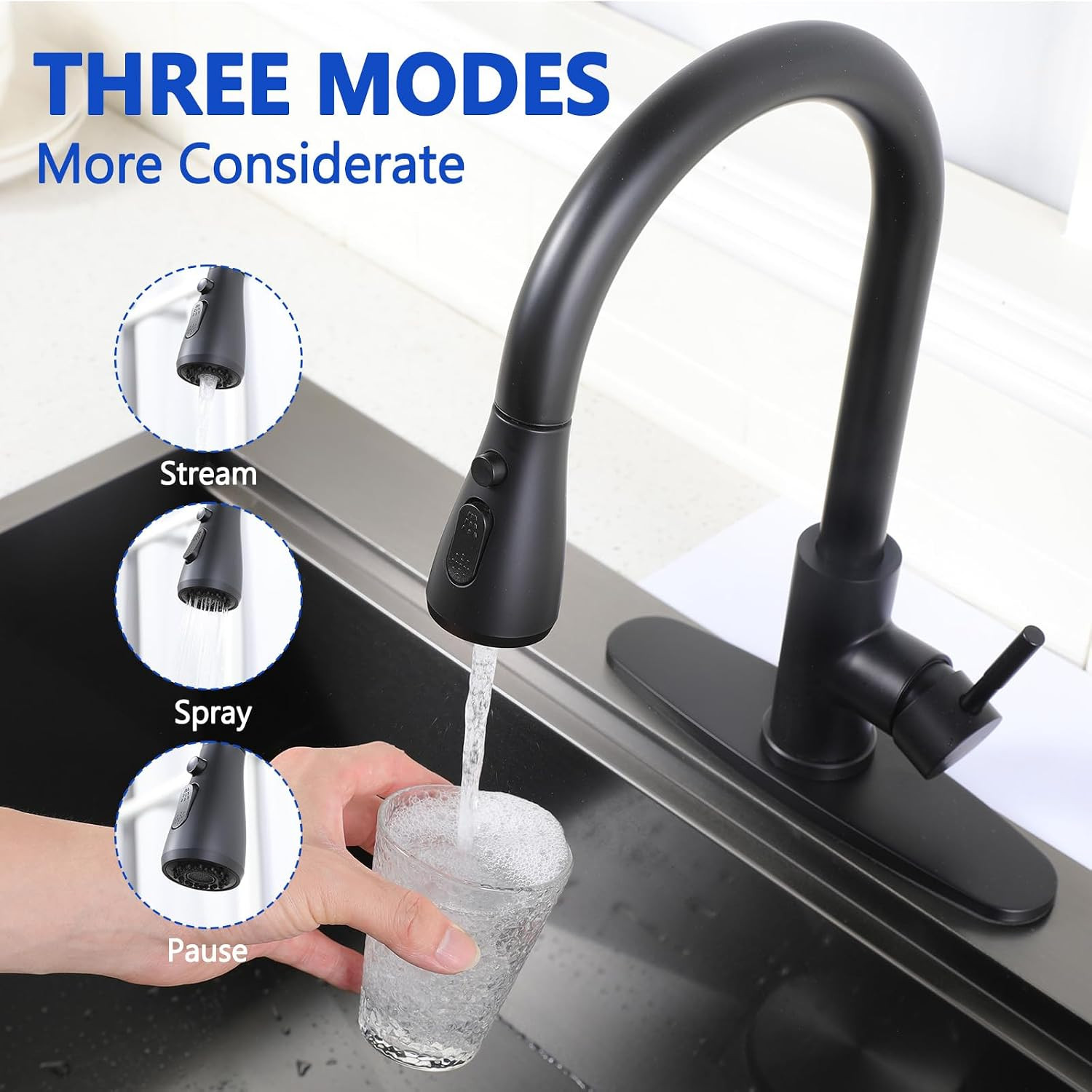 Black Kitchen Faucet with Pull down Sprayer, Single Handle Kitchen Faucet Matte