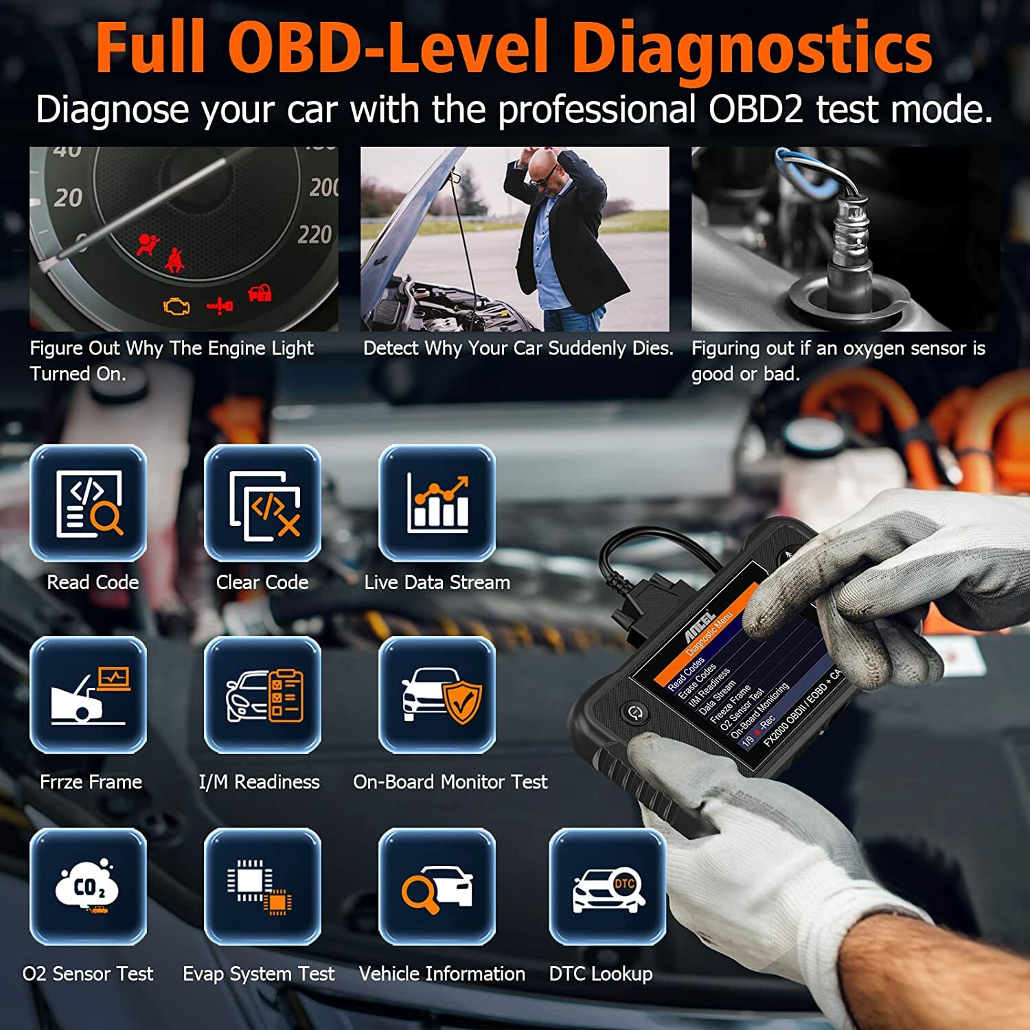 Check Engine Transmission ABS SRS Code Reader OBD2 Scanner Car Diagnostic FX2000