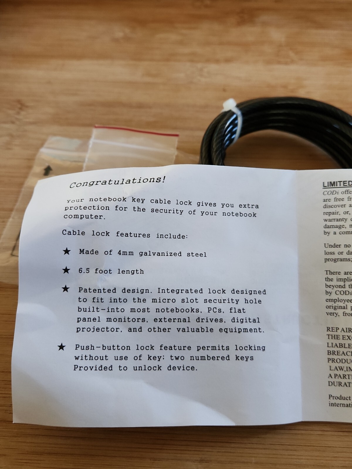 Cable Lock For Notebook or Laptop Computers Anti- CODi Security Theft Key Lock