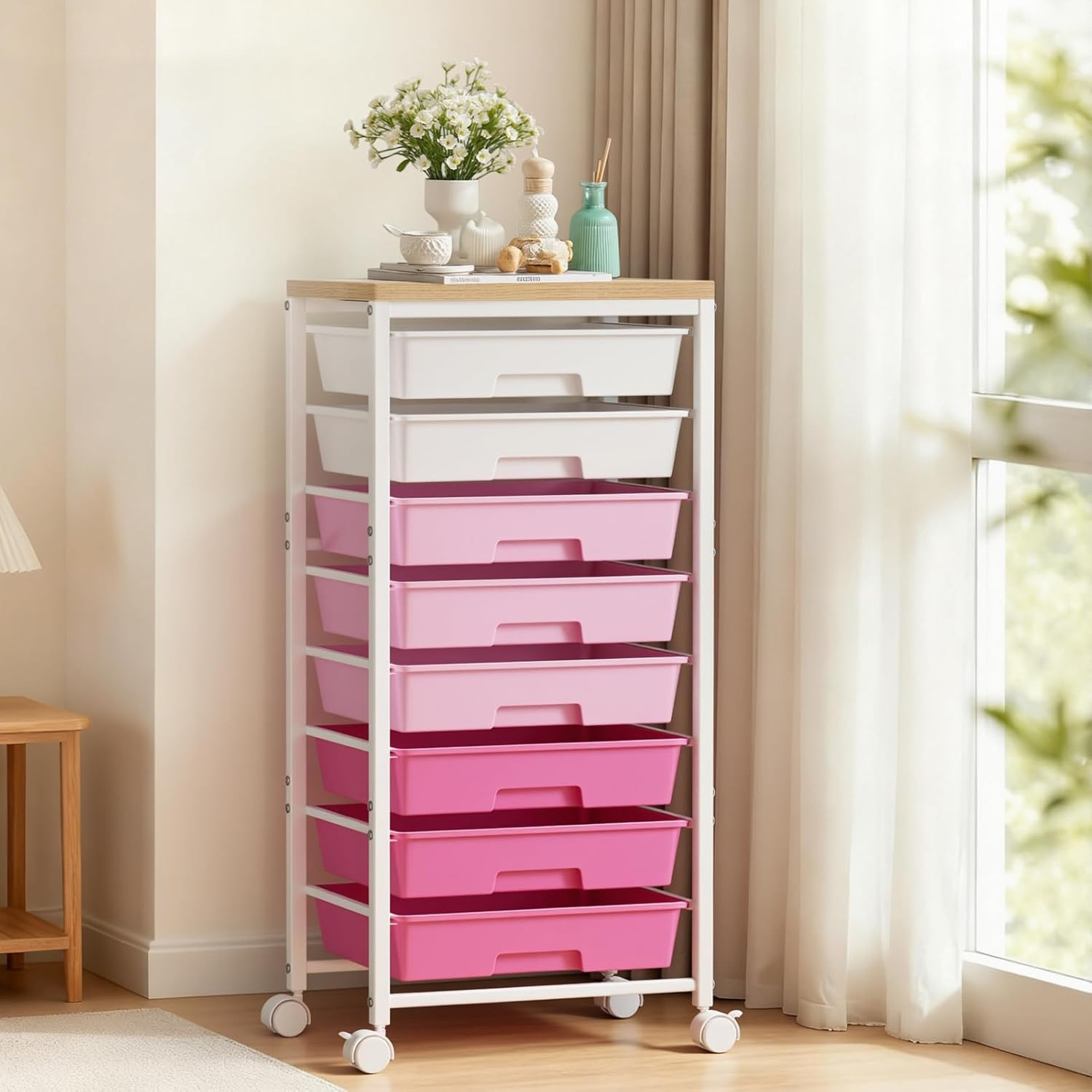 Rolling Cart with 8 Drawers, Plastic Drawer Storage Carts with Wheels & Wooden T