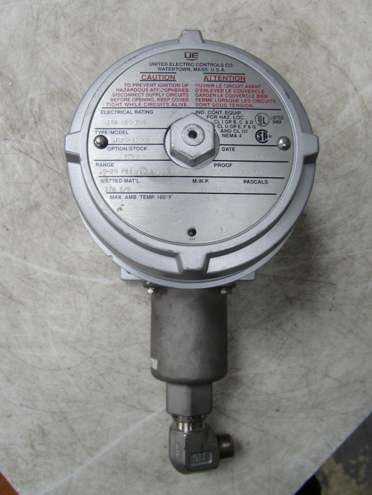 💥UNITED ELECTRIC 15 AMP PRESSURE SWITCH 480 VAC J120-S144B