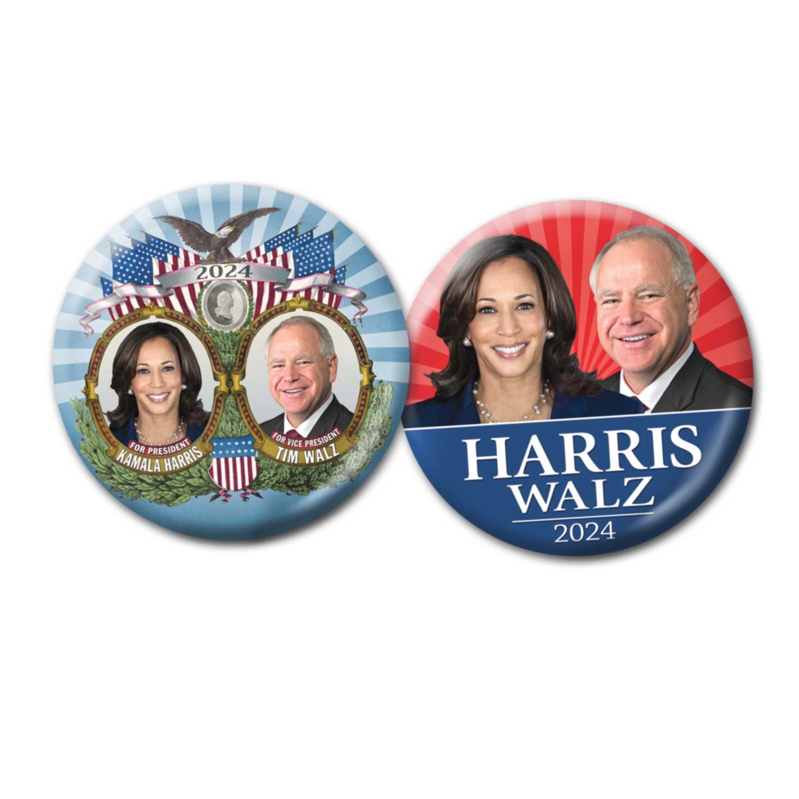 Kamala Harris Tim Walz 2024 Buttons 2-pack 3" jugate photo Democrat Campaign
