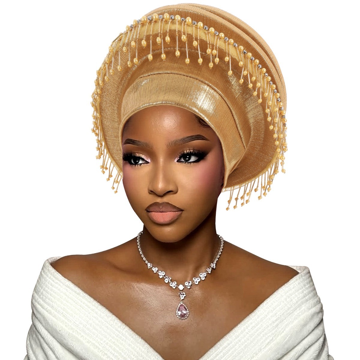 African Auto Gele Headtie for Women Tassels Lady Turban Headpiece Wrap Headwear