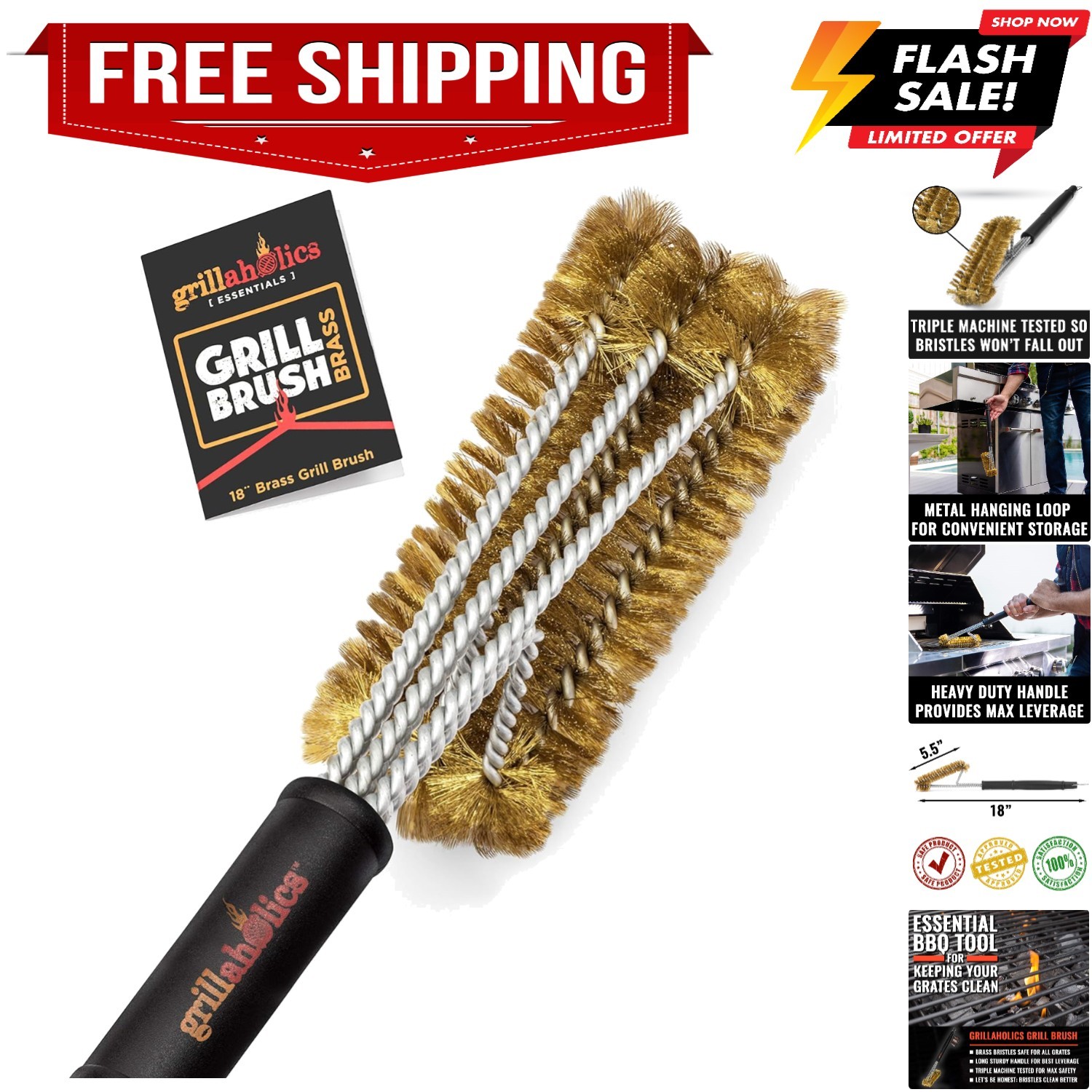 Brass Grill Brush – Safe BBQ Brush for Outdoor Cooking – Heavy-Duty Soft Bris...