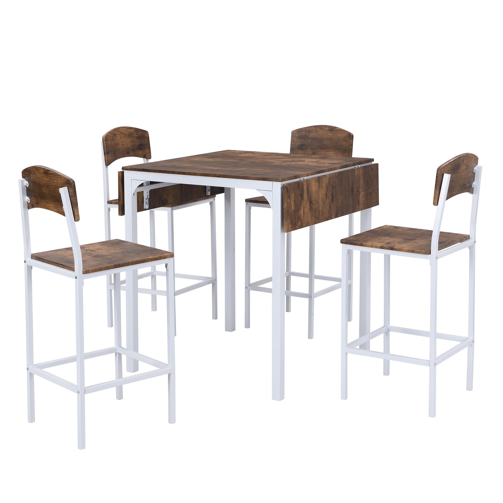 1 Table+4 Chairs White Frame Rustic Brown Tabletop Drop Leaf Dining Table Set