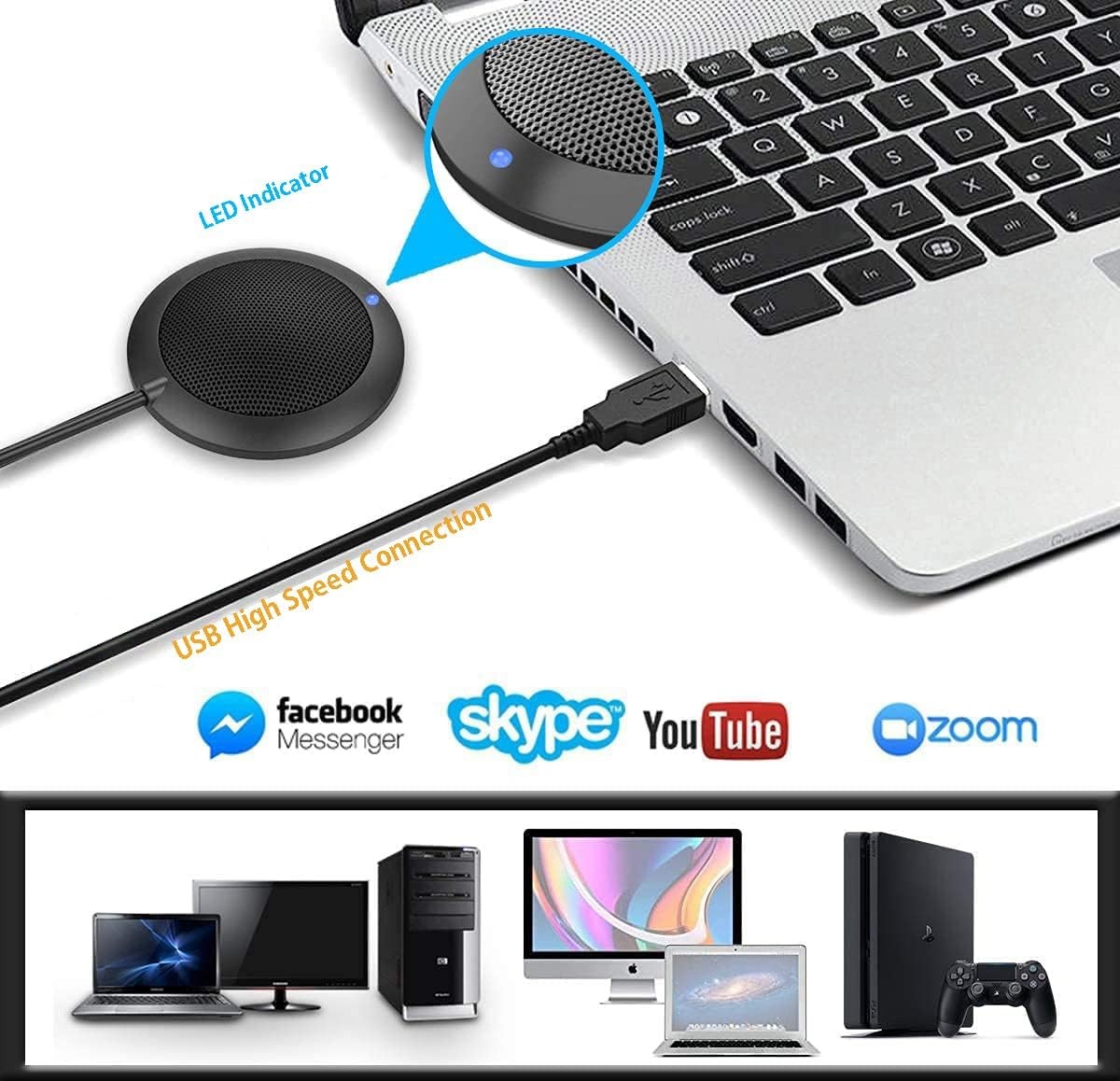 Conference USB Microphone, Computer Desktop Mic with LED Indicator, Plug & Play
