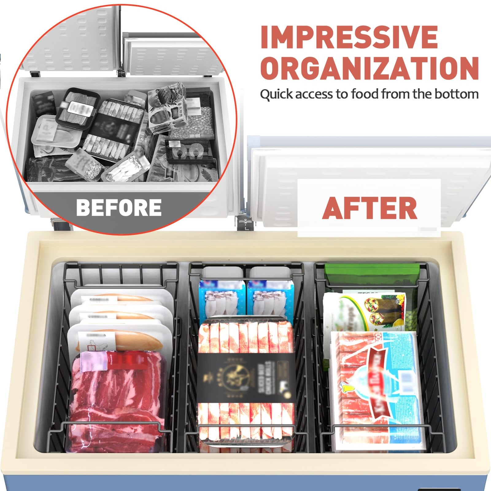Freezer Organizer Bins 4 Pack, Stackable Metal Baskets for Deep Chest Freezer
