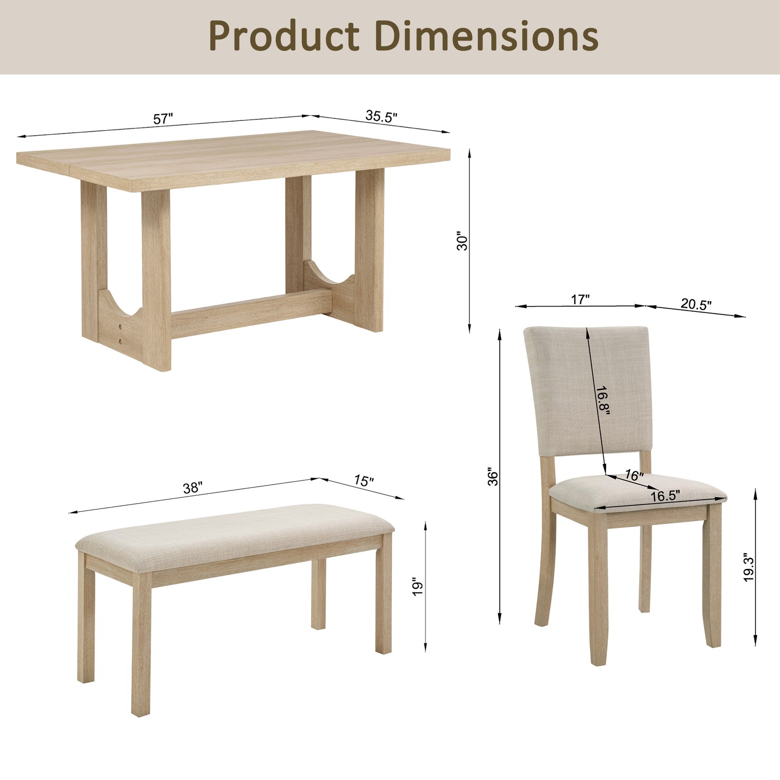 6-Piece Dining Set with Bench & Rectangular Wooden Table & 4 Upholstered Chair