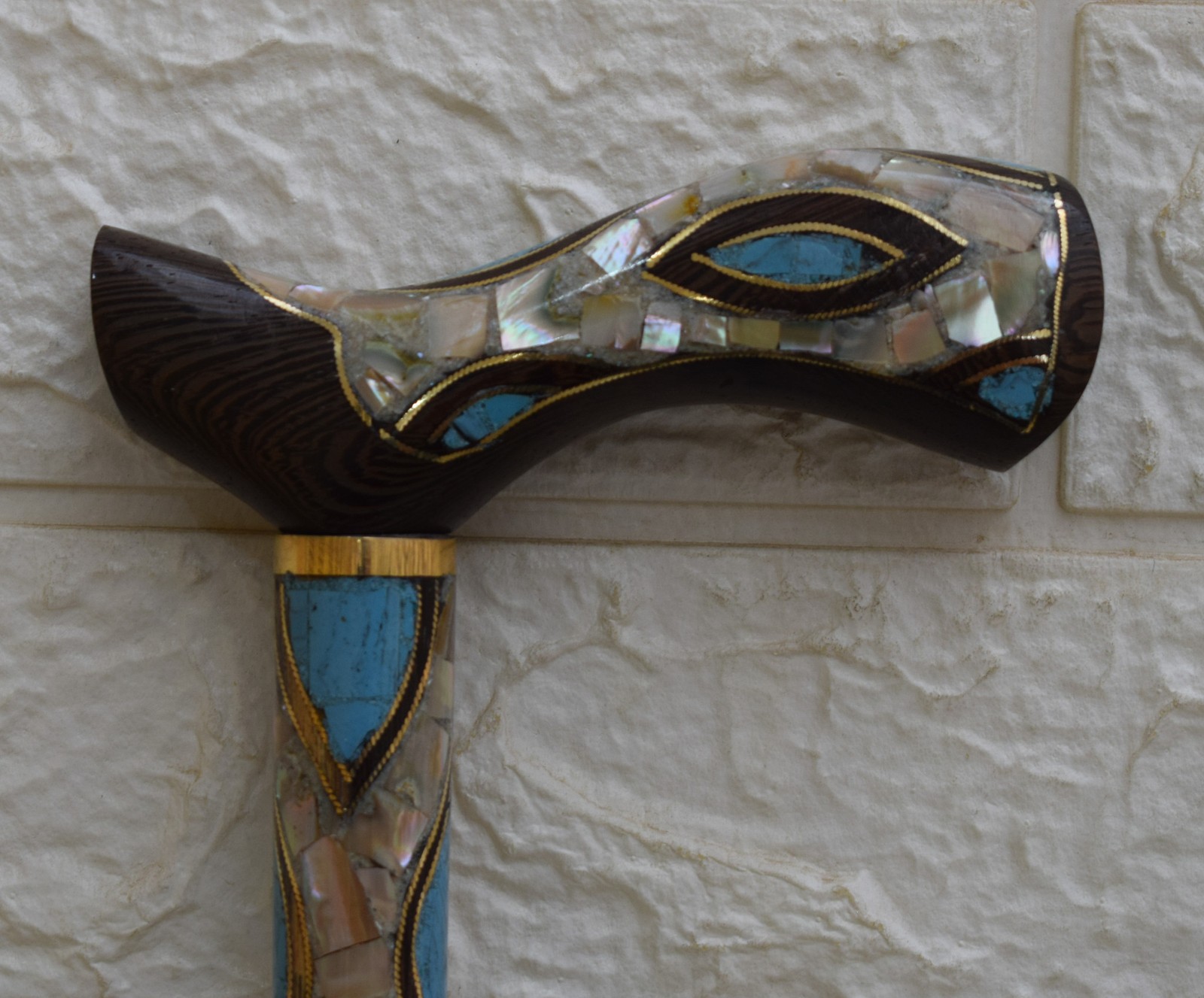Handmade Egyptian Stick, Turquoise and Mother of Pearl Inlay Wooden Walking Cane
