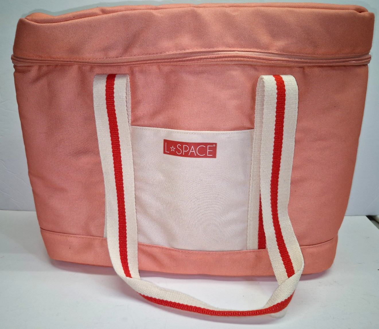 L*Space Cooler / Beach Bag - Coral Pink w/ Red Stripe  Insulated Used Good Shape