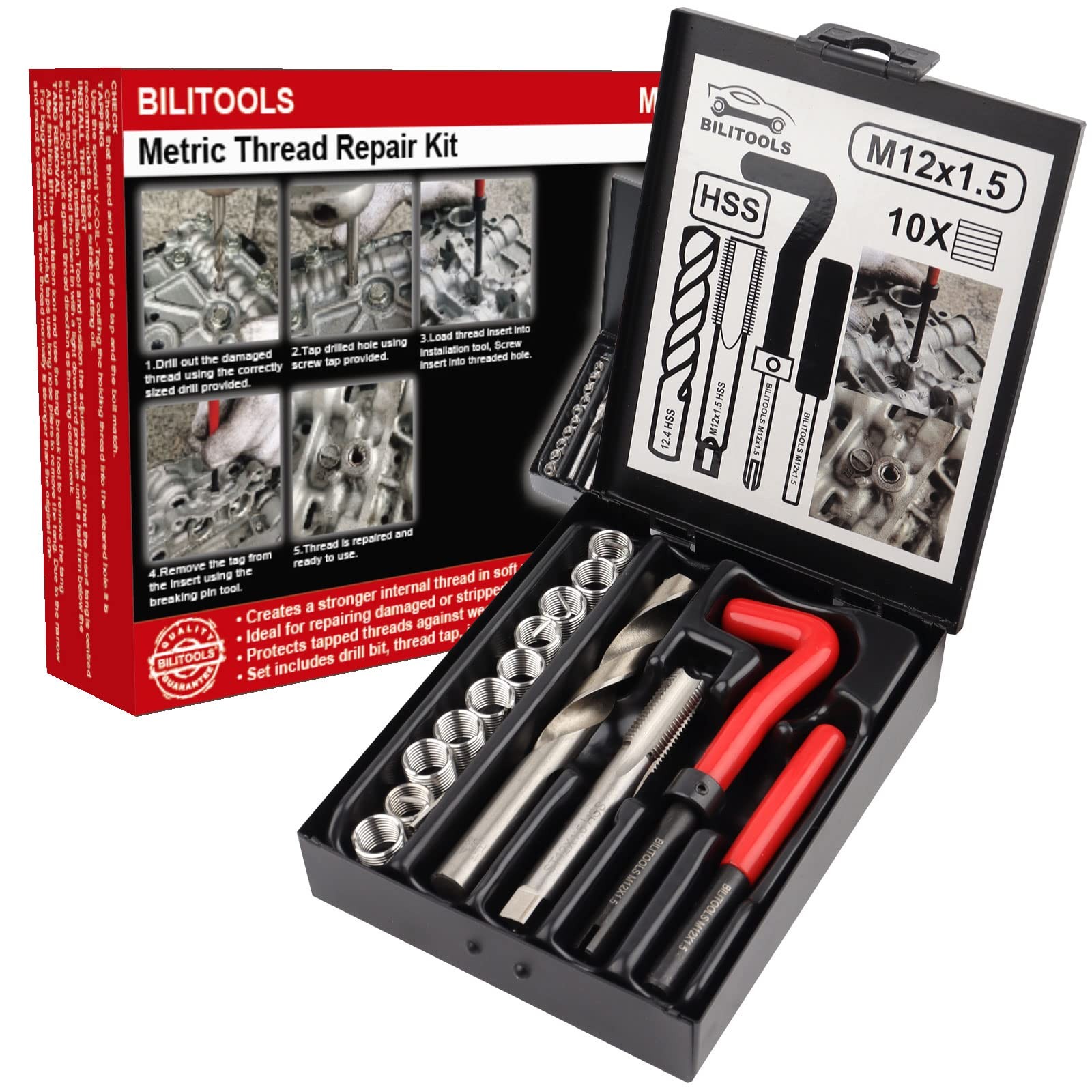 M12x1.5 Thread Repair Kit, HSS Drill Helicoil Repair Kit Metric