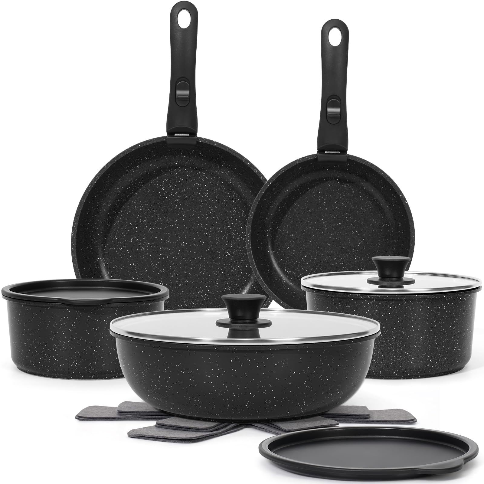 SODAY 15Pcs Pots and Pans Set Non Stick, Cookware Sets with 15 Pieces, Black