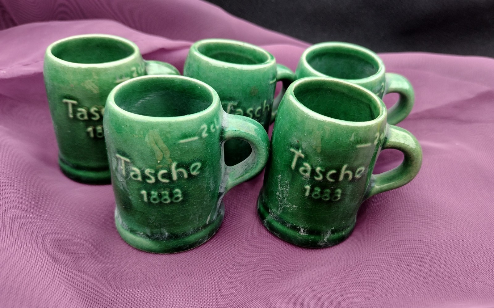 Vintage Stoneware German Ceramic Steinhaeger Tasche Gin 1888 Green Shot Mug Lot