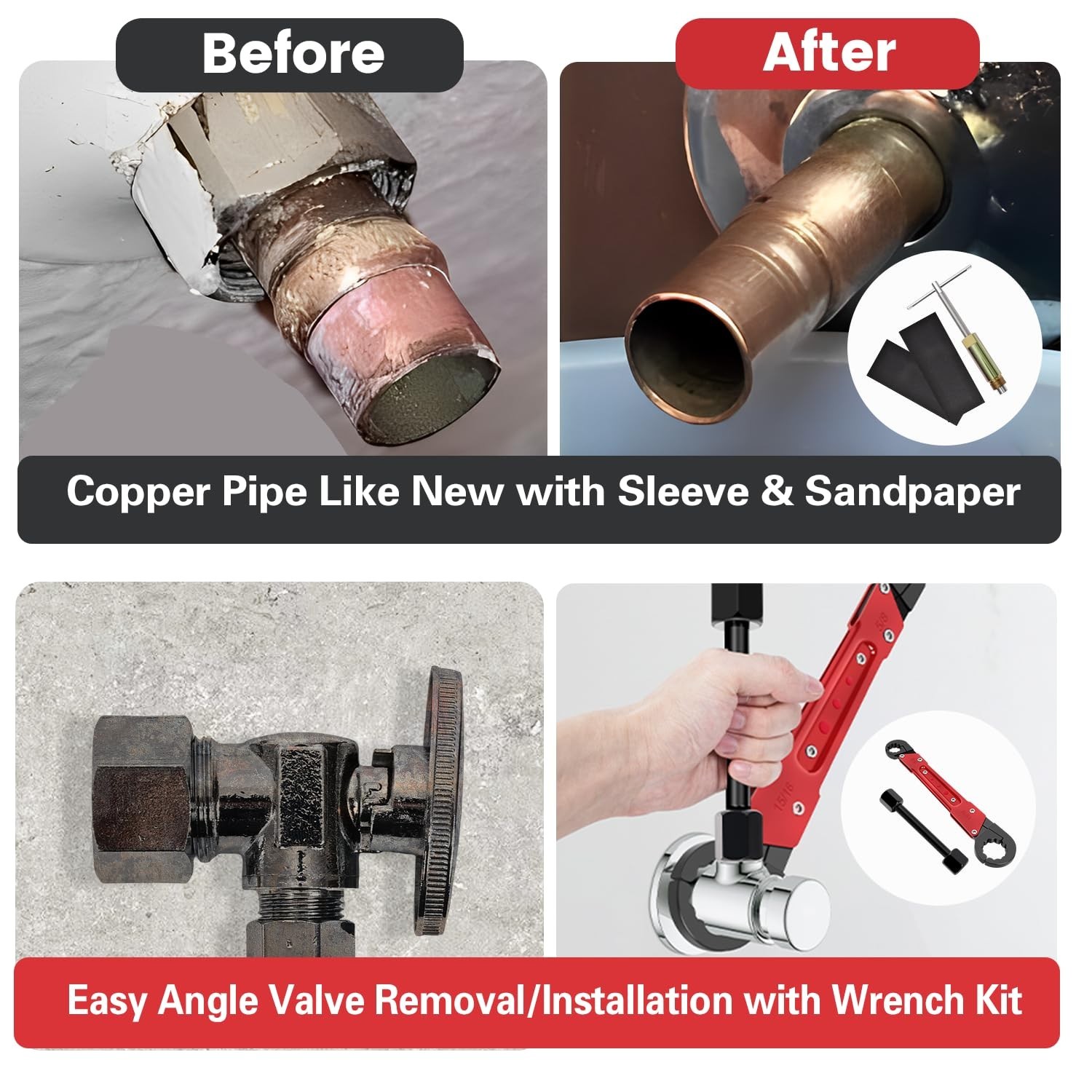 6-Piece Plumbing Tool Set - Angle Stop Wrench, Compression Sleeve Puller, Sandpa