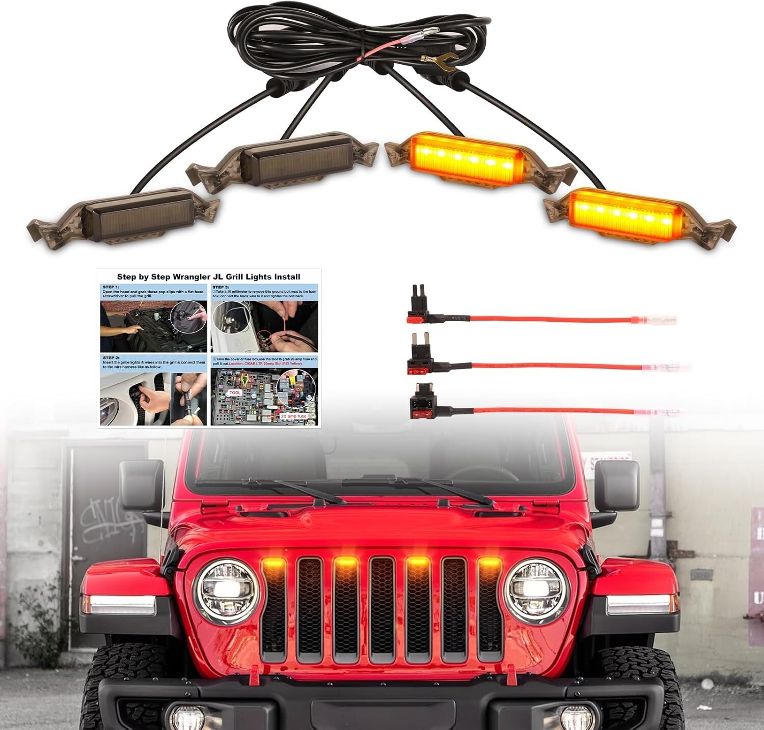 Led Grill Grille Lights for 2019-2023 Jeep Wrangler JL JLU Rubicon Sahara Sport