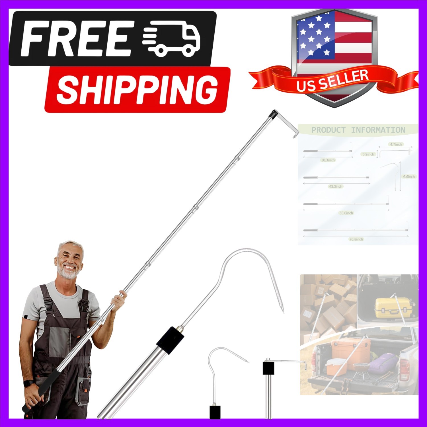 Truck Cargo Grabber - 34-70 Inch Sturdy Pickup Truck Bed Cargo Retrieval Pole...