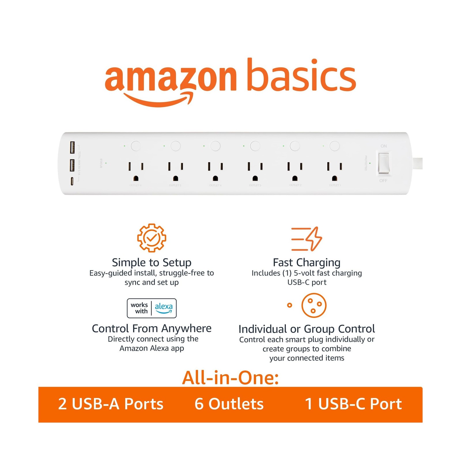 Amazon Basics Smart Plug Power Strip with 6 Individually Contro... FAST USA SHIP