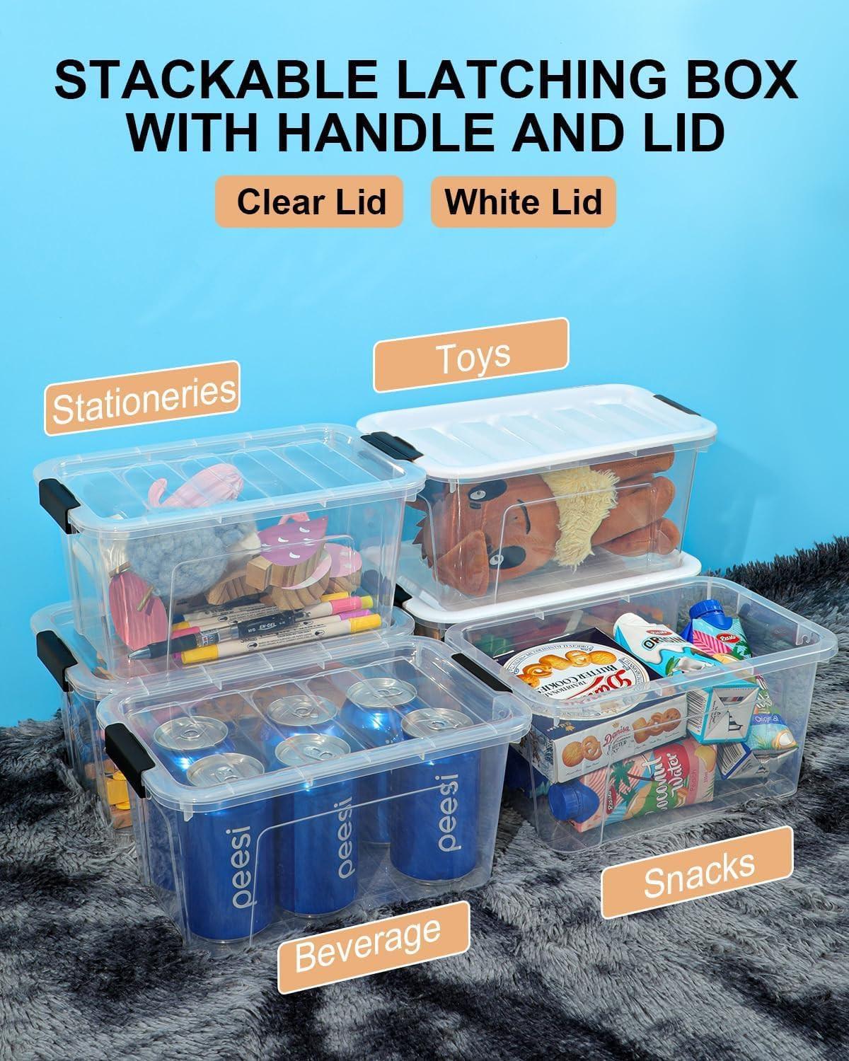 Plastic Storage Bins with Lids 6 Pack, 7 Quart Storage Containers with Black Buc