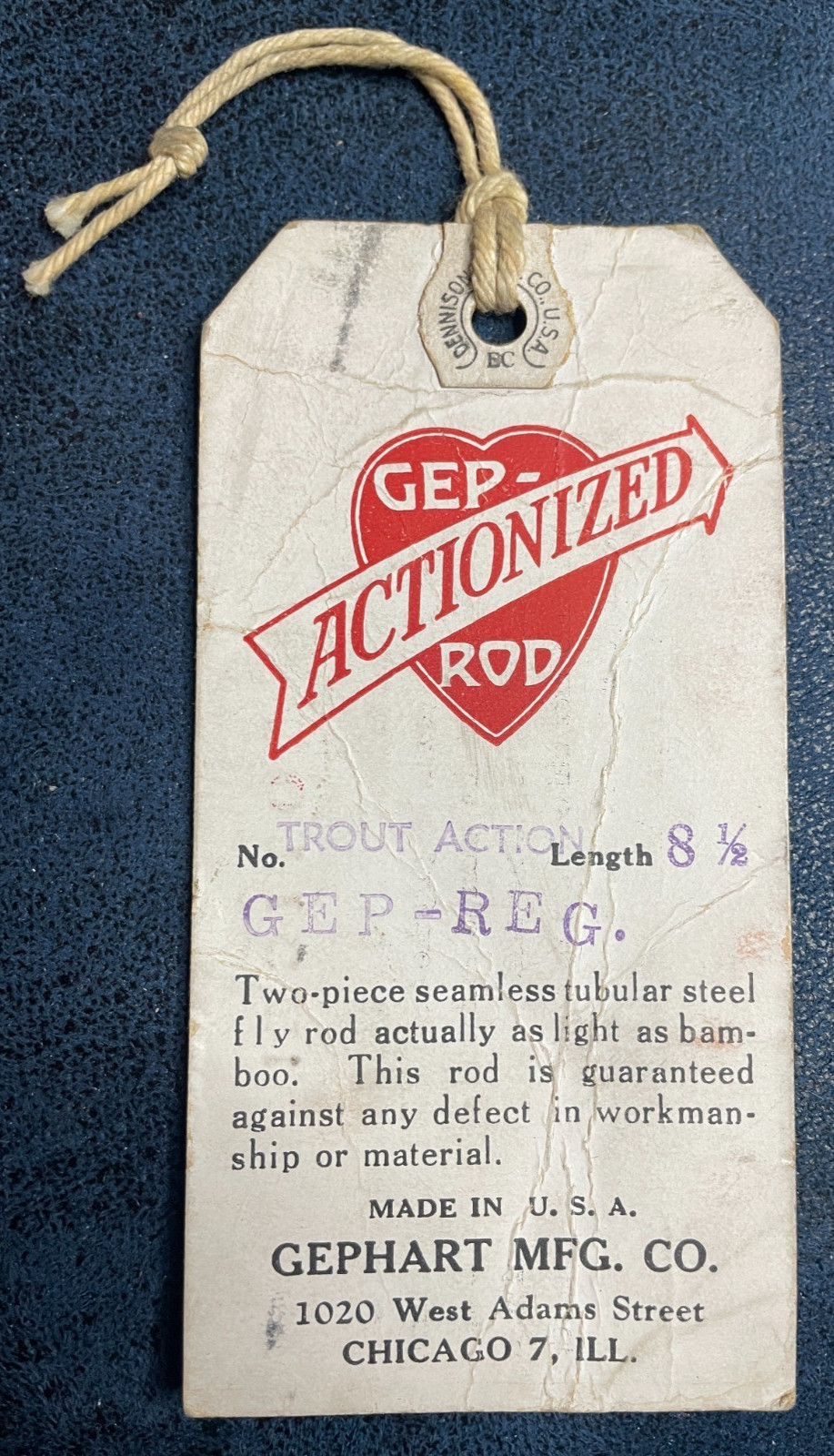 Old 1940's GEP Actionized Trout Fly Fishing Rod Tag - Gephart Mfg. Chicago, IL