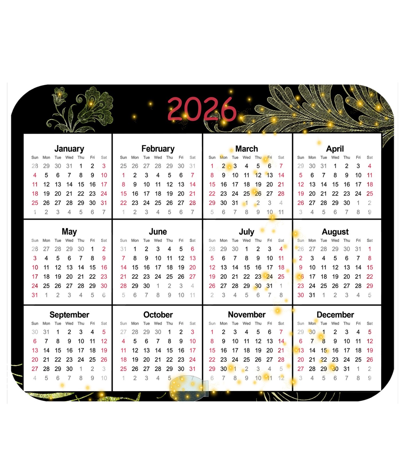 Mouse Pad, Thick 7.75" x 9.25" Mousepad-2026 Yearly Calendar-Fireflies