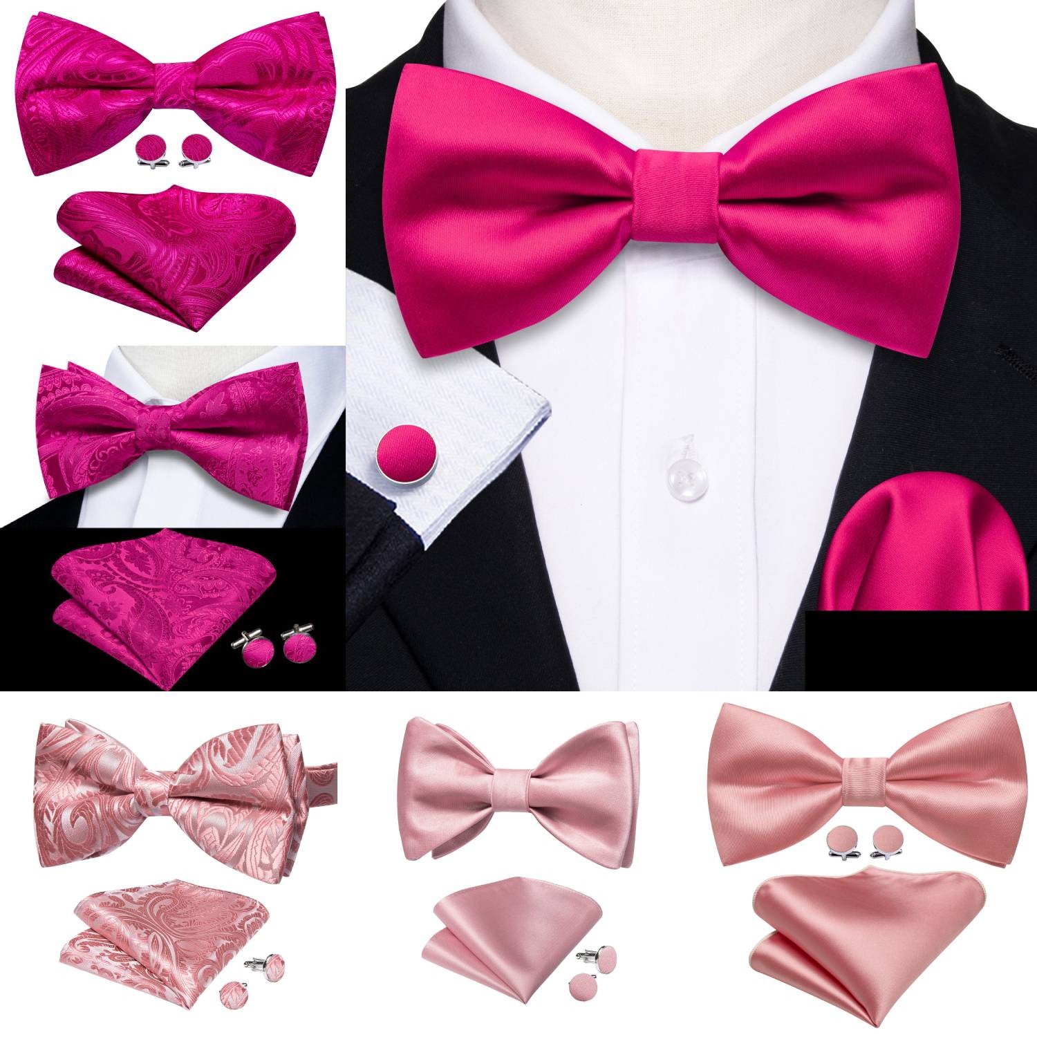 Pretied Mens  Bowtie Hankie Cufflinks Set Wedding Formal Casual Bow Ties