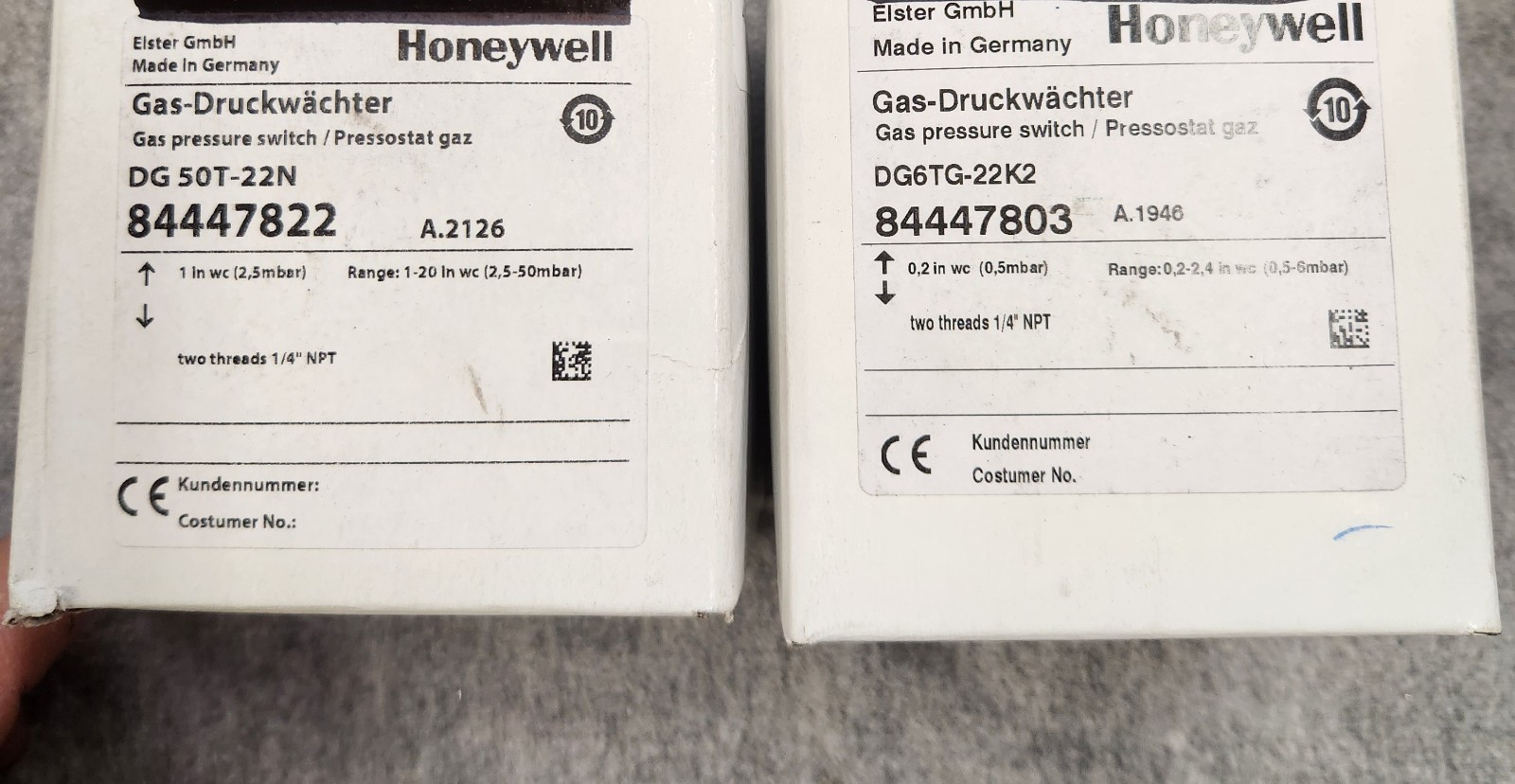 (2) NEW Honeywell Gas Pressure Switch DG50T-22N, 84447822, DG6TG-22K2, 84447803