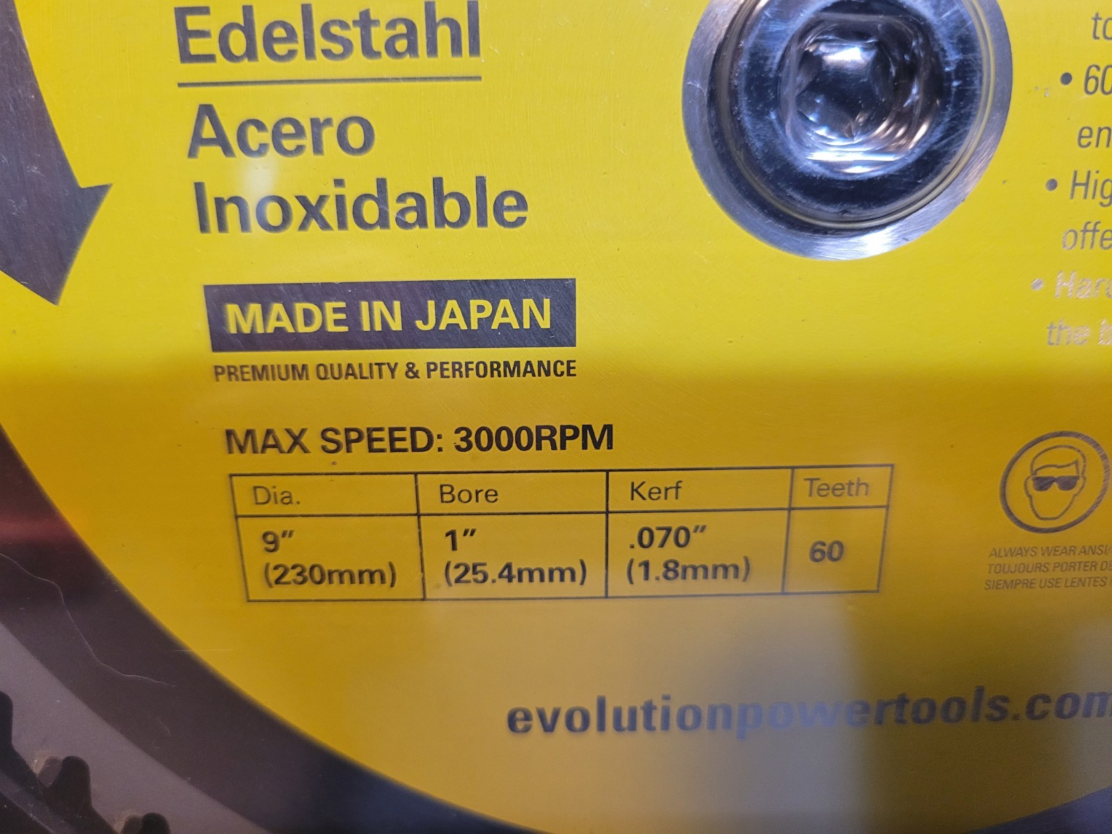 Evolution 9" Stainless Steel TCT Blade 60 Teeth 1" Arbor 230BLADESSN