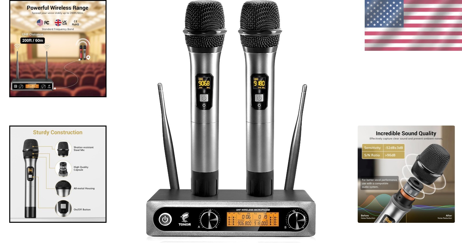 Professional UHF Wireless Microphone System - 2 Dynamic Mics, 60m Range, Silver