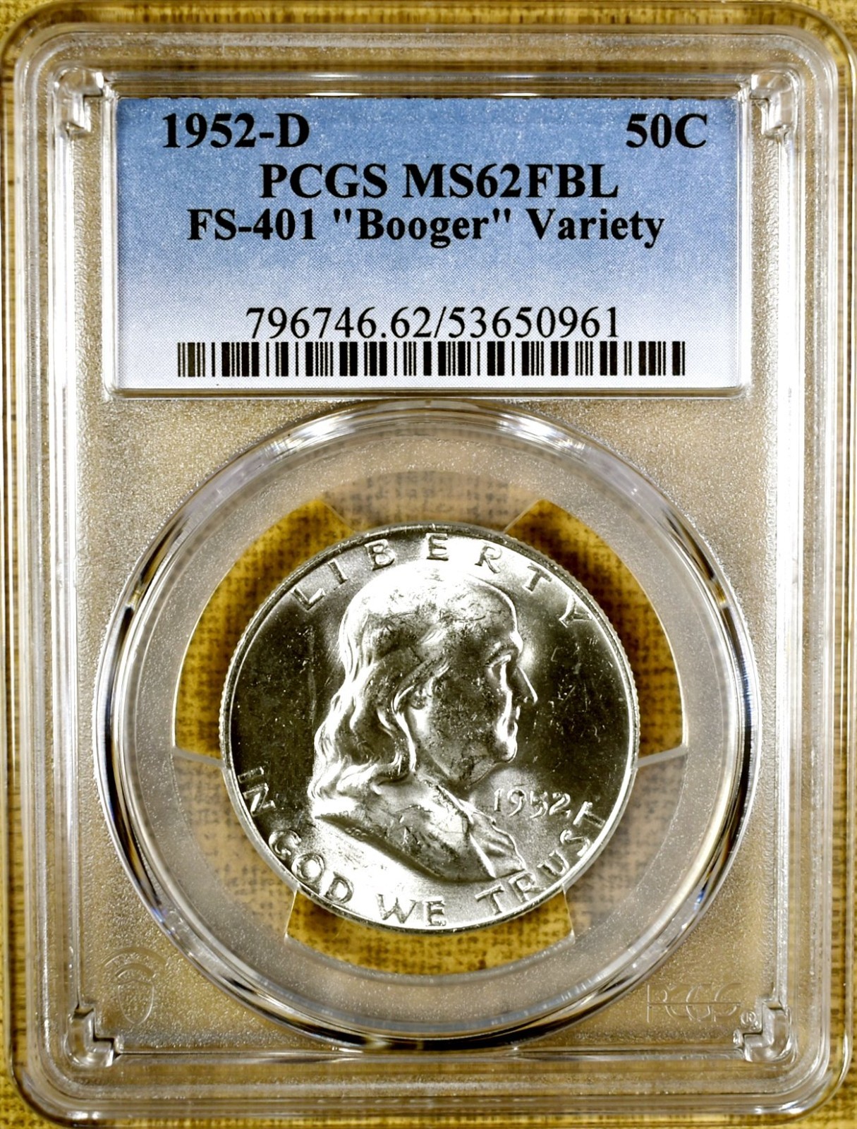 1952-D PCGS MS62 FBL FS-401 "Booger " Franklin Half Dollar - 100% White (961)