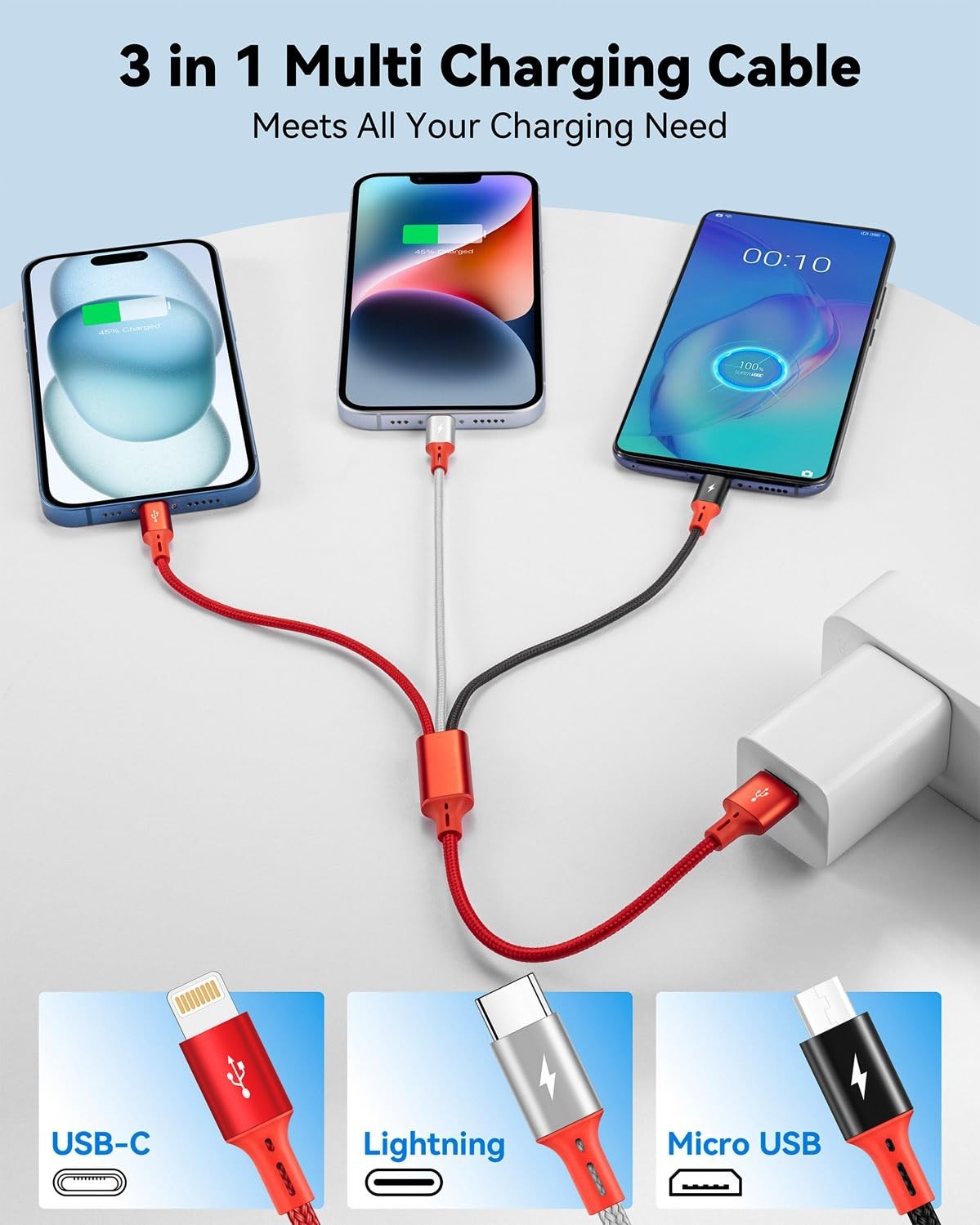 1Ft Multi Charging Cable Short Multi Charger Cable 3 in 1 Braided Unive..