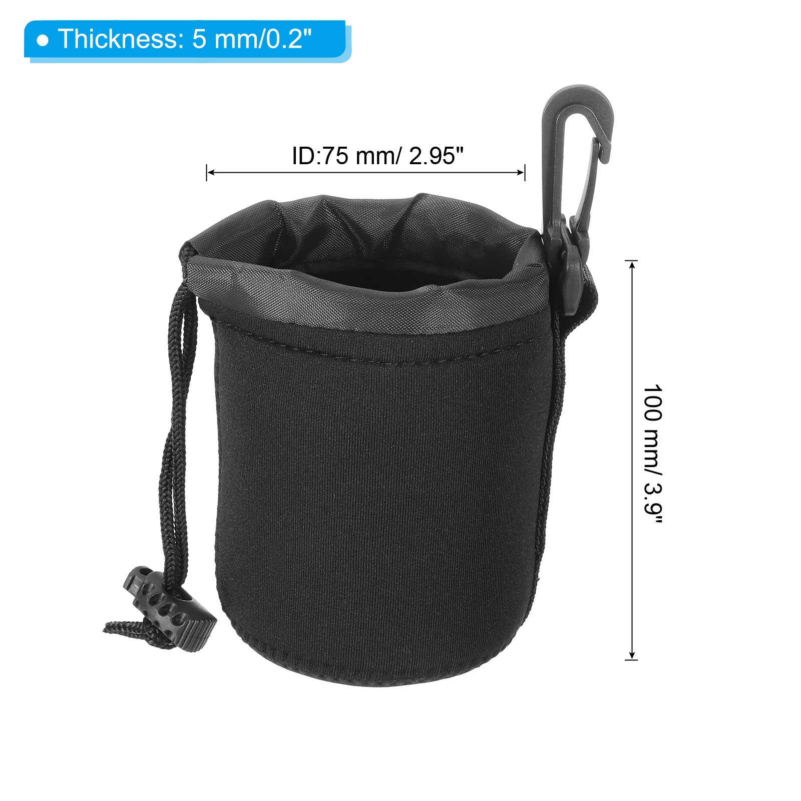 3 Pcs 3" ID x 3.9" H Drawstring Len Pouch Black