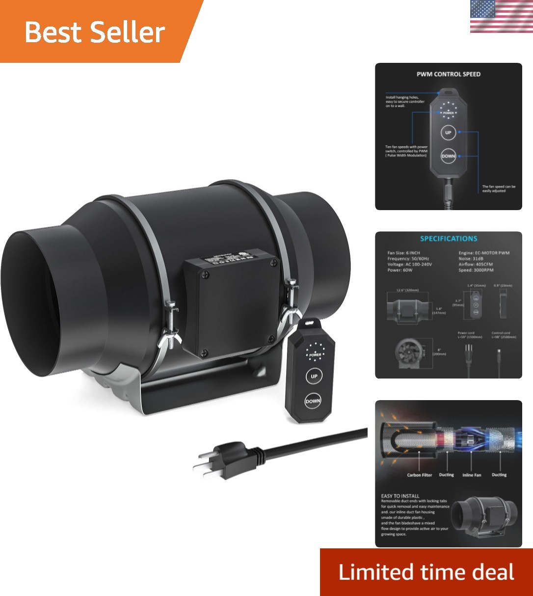 Versatile 6-Inch Inline Duct Fan with 10-Speed Control and Quiet Operation