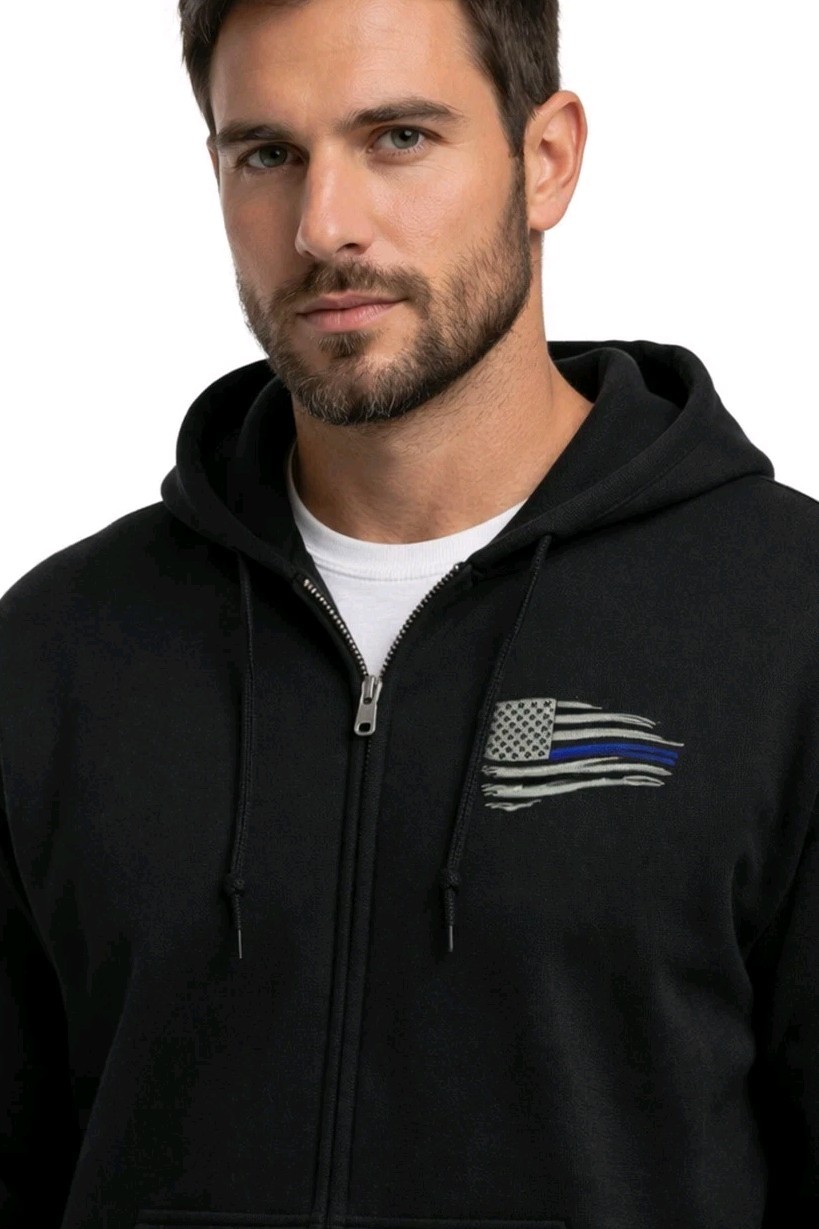 American Flag Embroidered Blue Line Flag Distressed Look Full Zip Hoodie