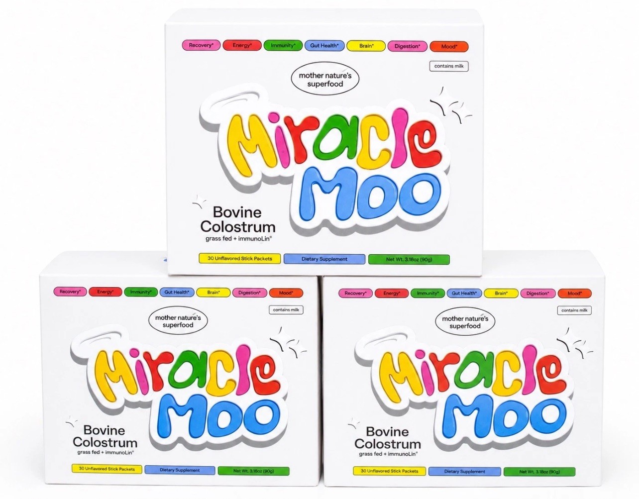3x Miracle Moo Natures Bovine Colostrum grass-fed+immunoLin single pks 30 ea.box