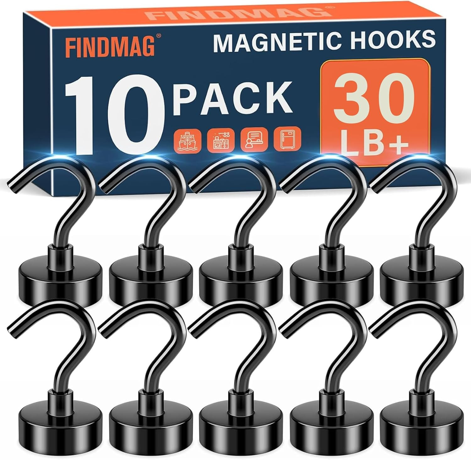 FINDMAG Black Magnetic Hooks for Cruise Cabins, 10 Pack 30LB+ Magnet Hooks | Hea