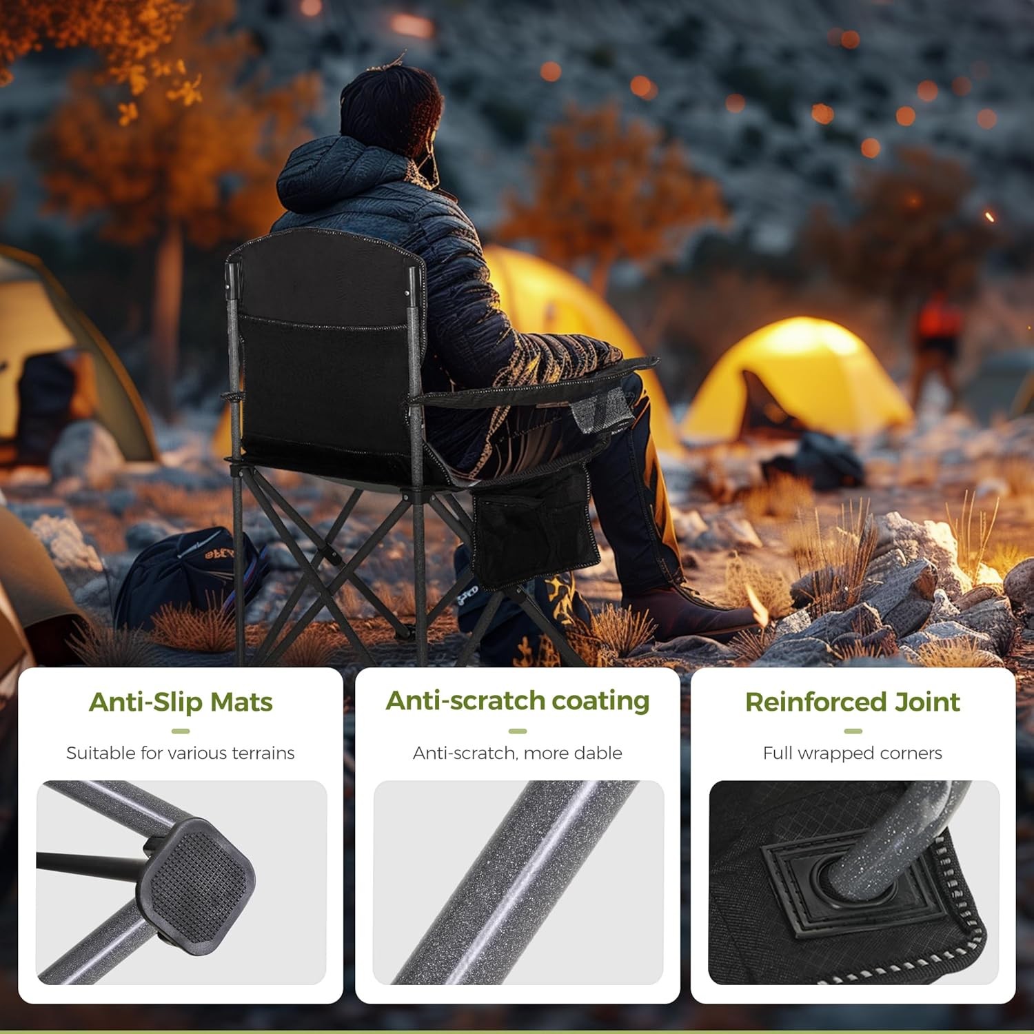 Oversized Camping Folding Chair - Heavy Duty Steel Frame Support 350 LBS, Collap