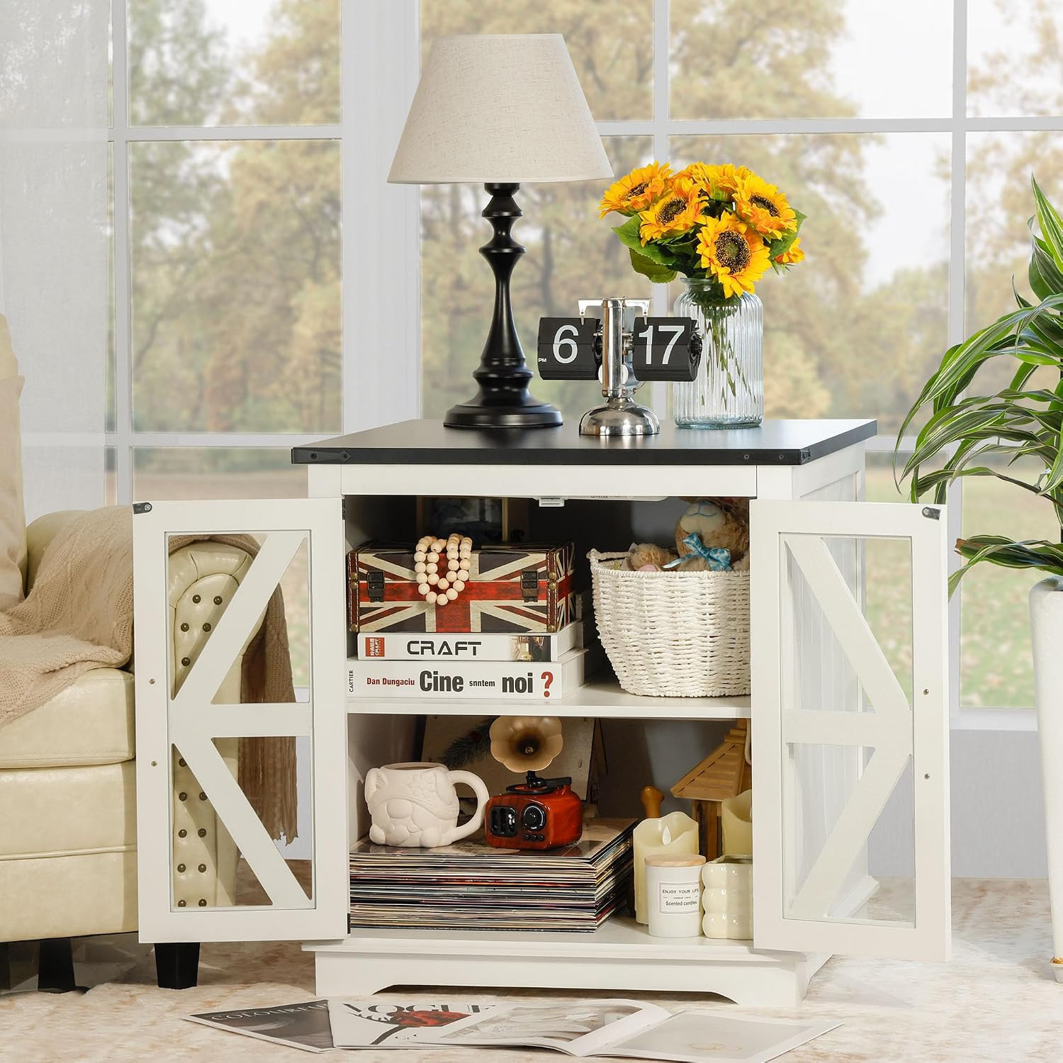 Farmhouse End Table, 24" Large End Tables with Storage, Rustic Square Sofa besid