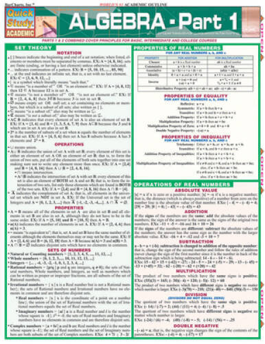 Algebra Part 1 (Quickstudy: Academic) - Pamphlet By BarCharts, Inc. - VERY GOOD