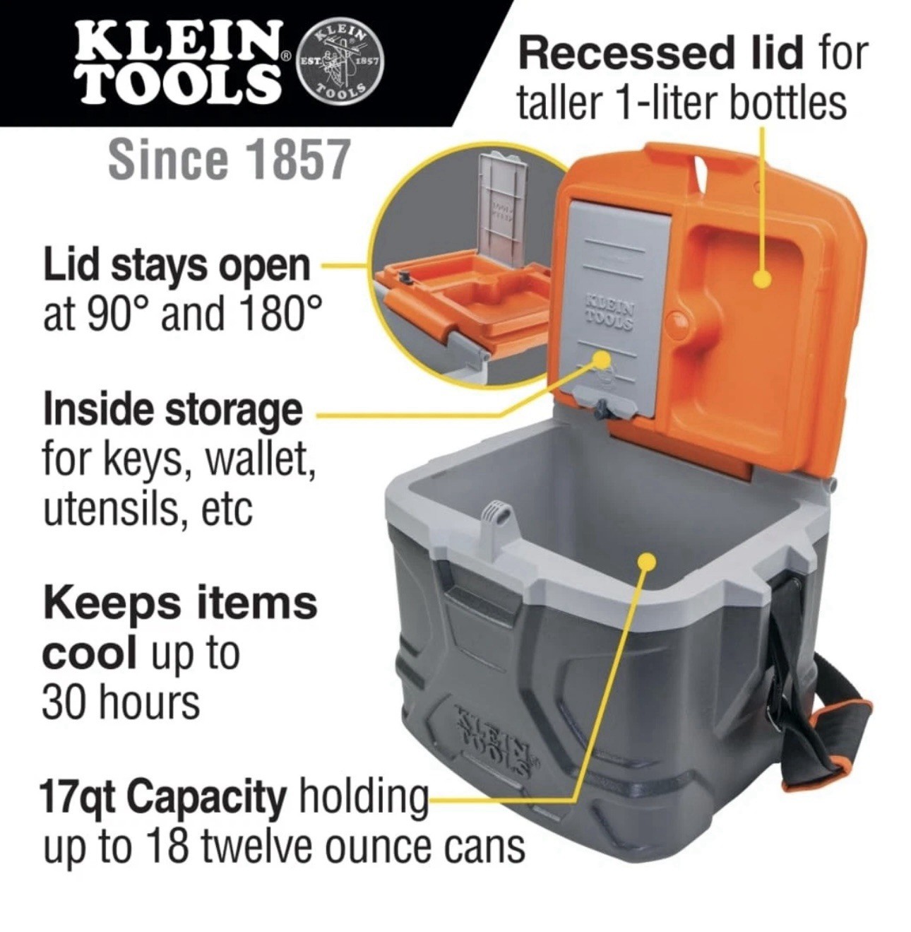 Klein Tools 55600 Work Cooler, 17-Quart Lunch Box Holds 18 Cans, Keeps Cool 30Hr