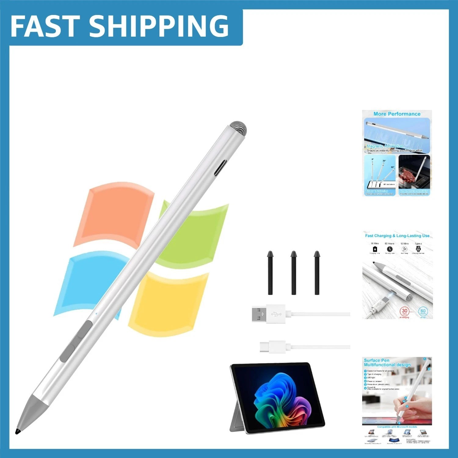 Surface Pro Pen Stylus - 4096 Levels, Fast Charging & Palm Rejection for All ...