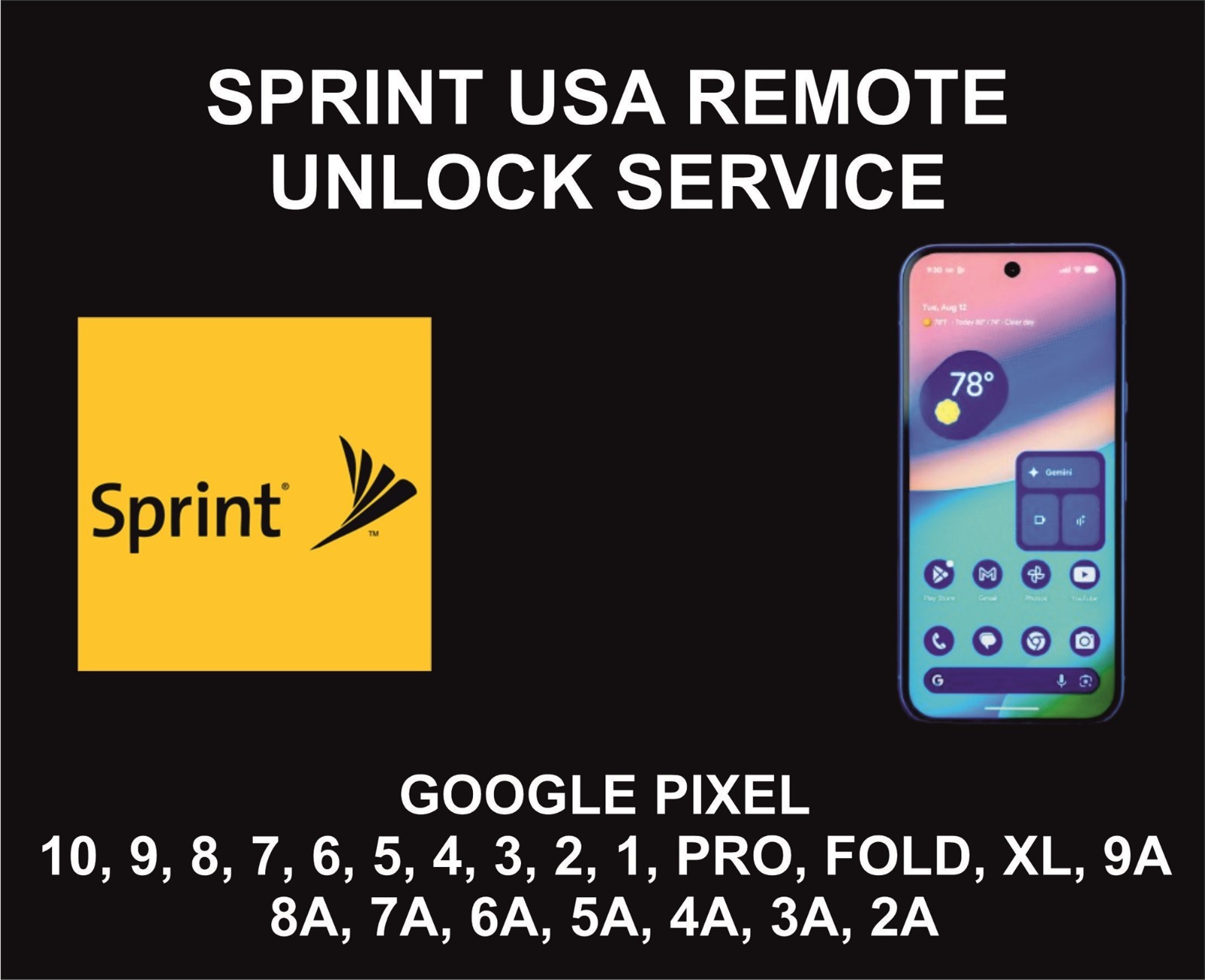 Pixel Sprint USA Permanent Unlock, 10, Pro, XL, Fold, 9A, 9 Pro, 8 Pro, 8A, 7