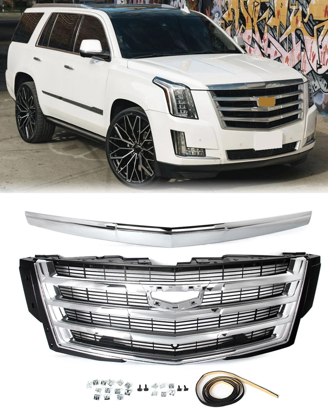For 2015-2020 Cadillac Escalade Front Upper Grille With Hood Molding Trim