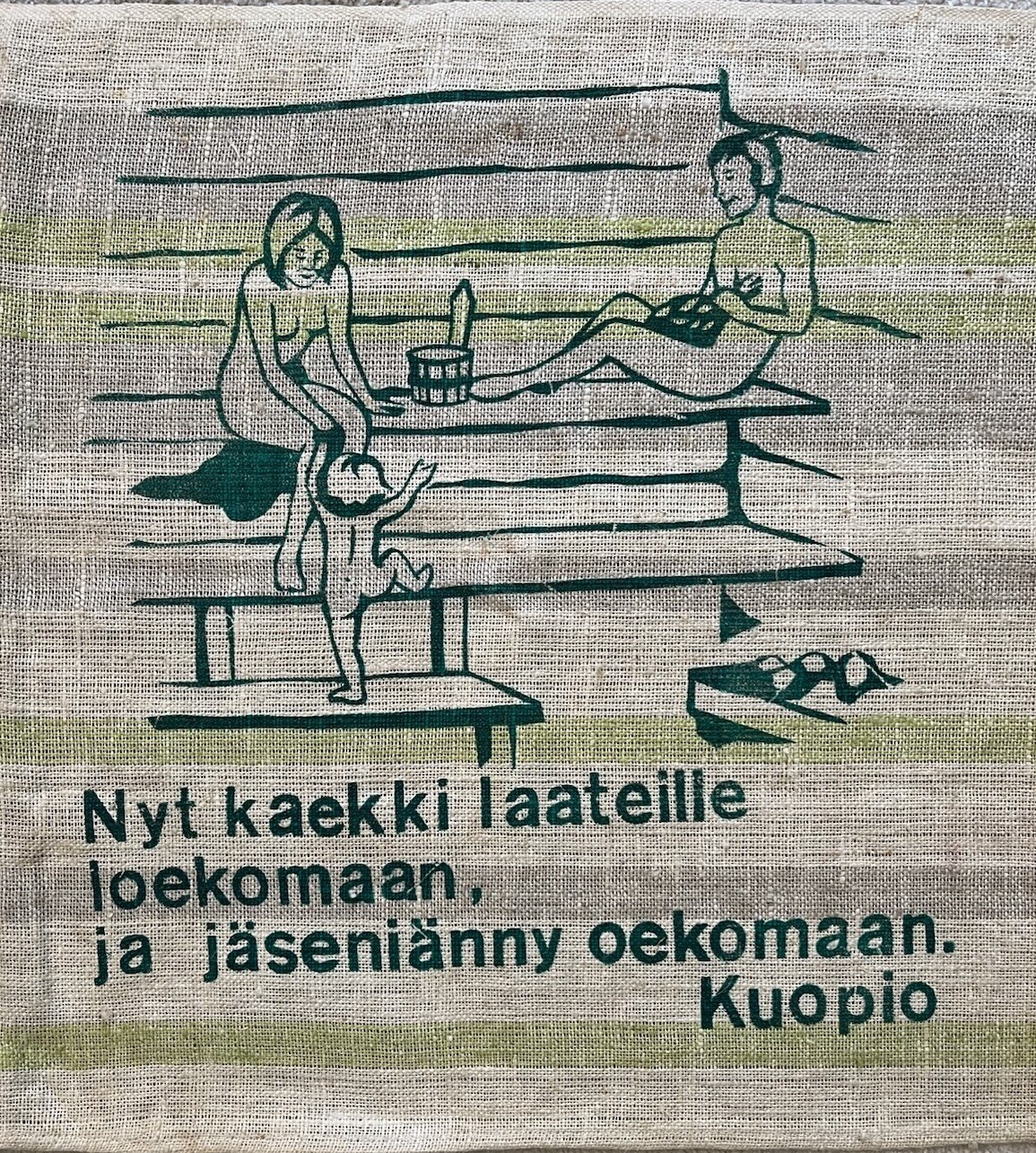 Vintage Finnish Sauna Woven Pictorial • 16”x57” | Wall Hanging, Towel, Blanket