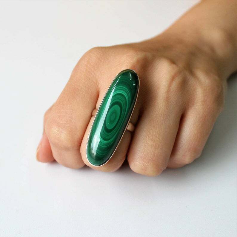 925 STERLING SILVER Long Oval NATURAL Malachite GEMSTONE Handmade Ring All Size