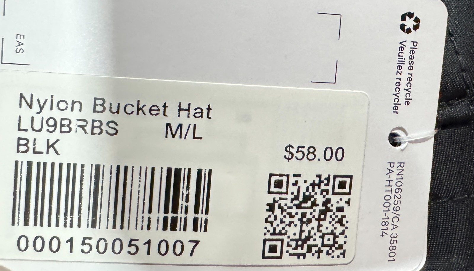 Lululemon Nylon Bucket Hat M/L Black
