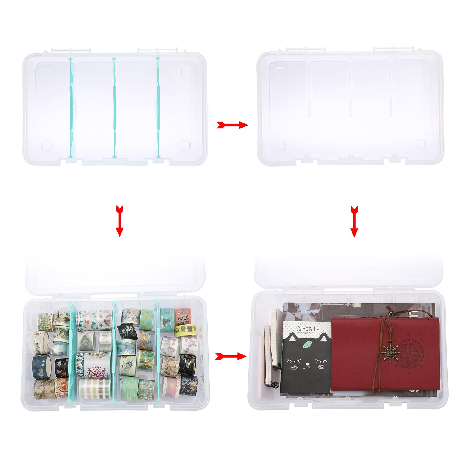 Clear Plastic Dividing Storage Box with 4 Compartments Adjustable Storage Bin...