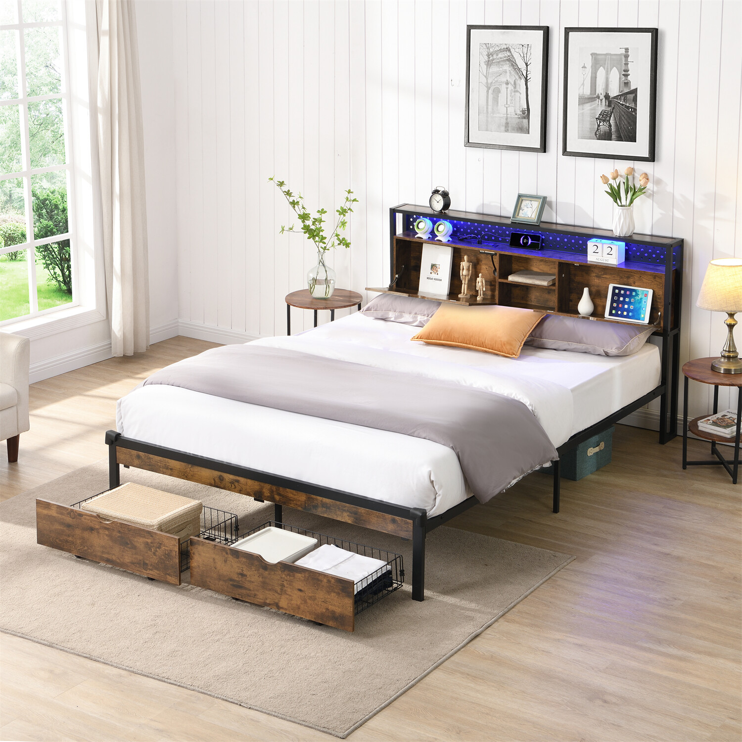 Full/Queen/King Size LED Bed Frame Metal Platform Bed w/ Charging Station