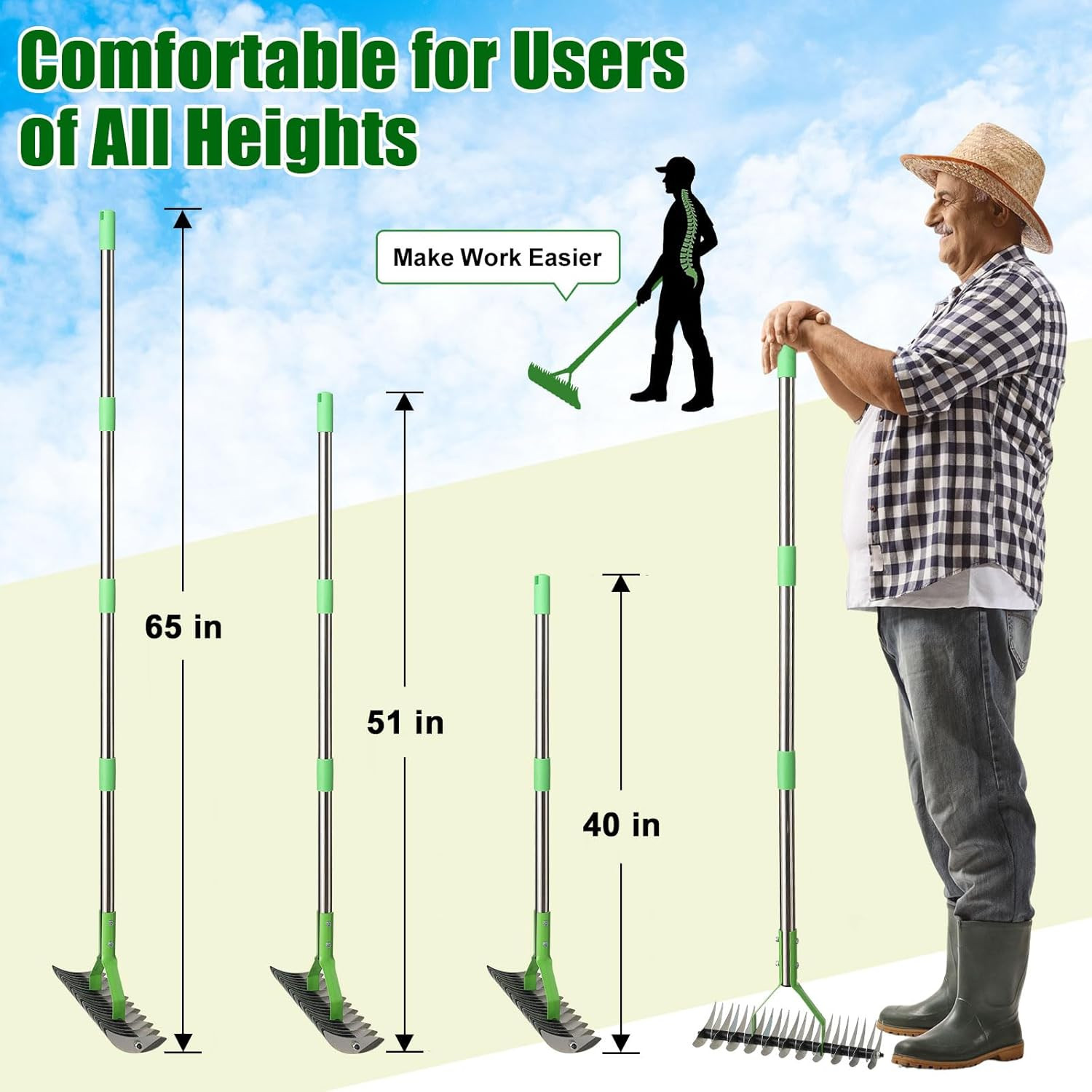 Manual Thatch Rake - 2-in-1 Dethatcher & Scarifier with Adjustable Handle